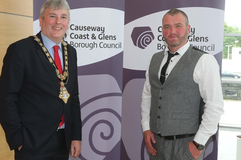 Mayor of Causeway Coast and Glens Borough Council, Councillor Richard Holmes with recipient of this year’s Enterprise Fund Michael O’Kane from Premium Clean NI, Dungiven