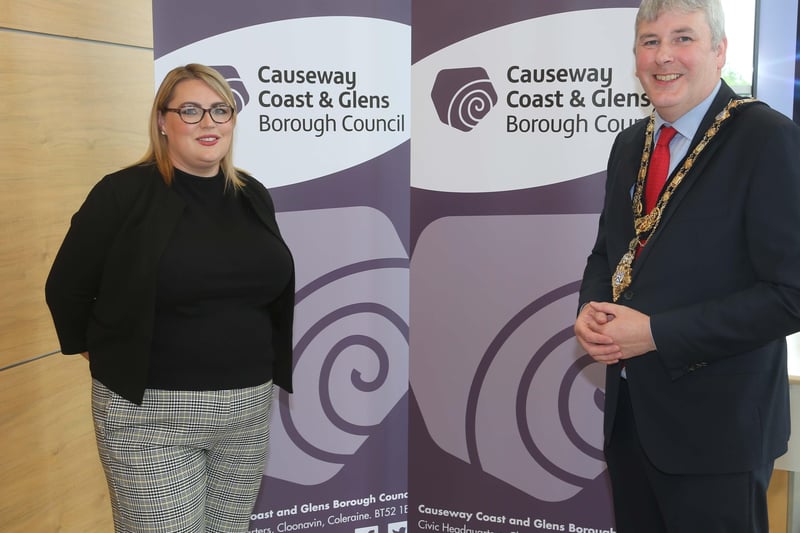 Mayor of Causeway Coast and Glens Borough Council, Councillor Richard Holmes with recipient of this year’s Enterprise Fund, Elisha McGill from OBG Fabrications Ltd, Coleraine