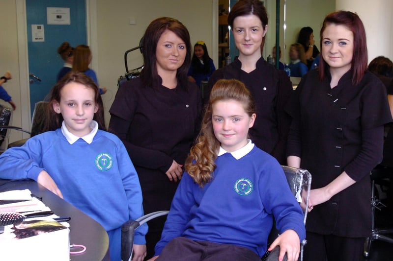 Termoncanice Primary School pupils Emer Hegarty, left, and Jodie Canning pictured during their pamper session with North West Regional College Hair and Beauty Academy students, from left, Gemma McLaughlin, Demi Robinson and Shannon Blair. (2405PG23)