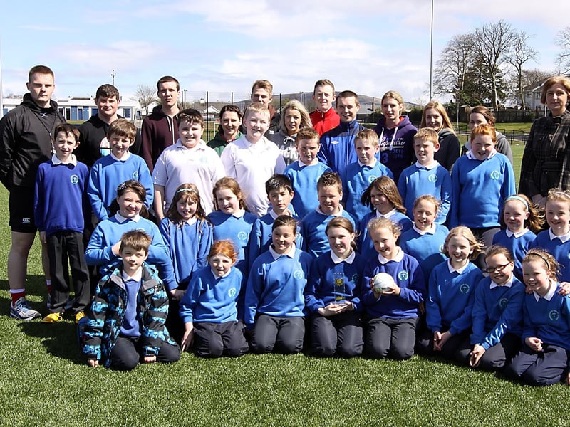 The Termoncanice Primary School team who were runners up of the Handball competition organised by Limavady borough council this week. The team are pictured with all the coaches who made the day possible and Patricia Cameron, Good Relations Officer Limavady Borough Council who presented the prizes. INLV1713-075KDR