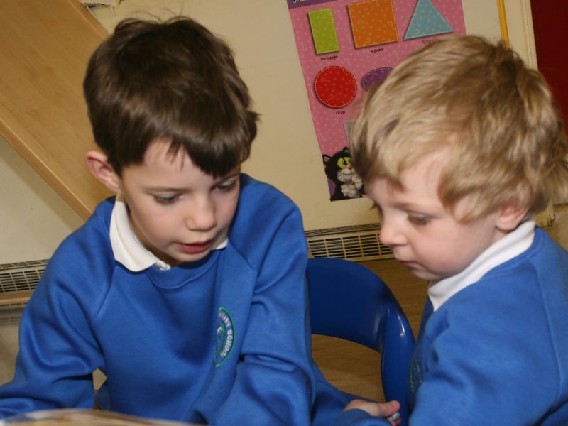 Termoncanice PS P6 pupil Tony Mullan working with nursery pupil Patrick, yesterday morning. 2802JM17