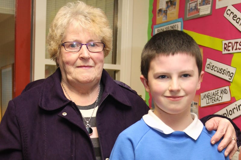Grandmother Mary Gillen pictured with her grandson James (P7) at Termoncanice PS Grandparents To School Day on Wednesday. 0402JM22