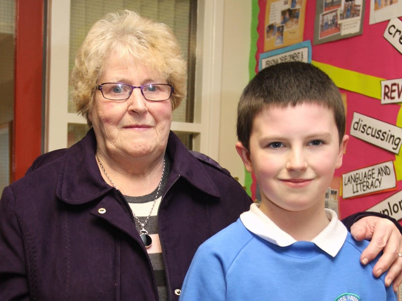 Grandmother Mary Gillen pictured with her grandson James (P7) at Termoncanice PS Grandparents To School Day on Wednesday. 0402JM22