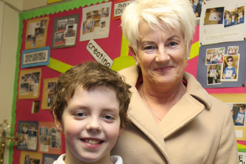 Grandmother Joan McKee pictured with her grandson Conor McConway (P6) at Termoncanice PS Grandparents To School Day on Wednesday. 0402JM23