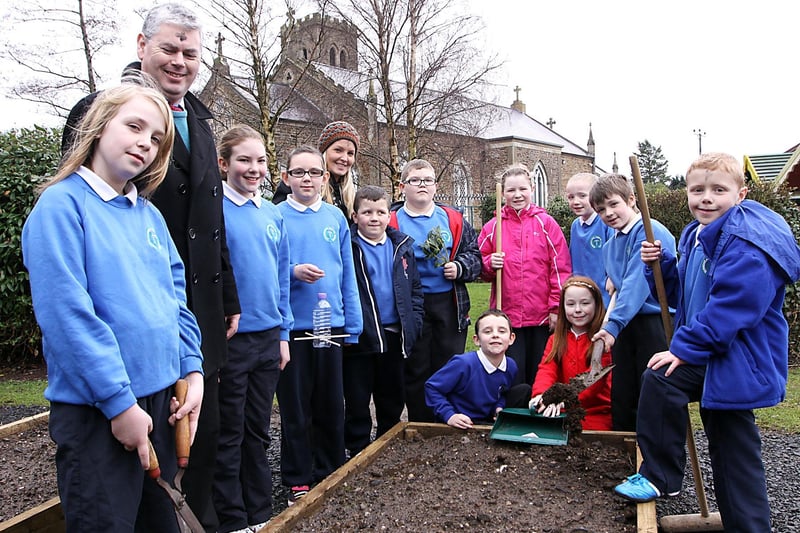 Members of the Termoncanice Primary Schools Eco Committee pictured working on one of the schools grounds raised beds under the guidance of Mr Sean Quigley the schools World around us co-ordinator and Mrs Grainne Bradley assistant co-ordinator Pupil in P3 to P7 have formed the commitee. INLV0713-353KDR