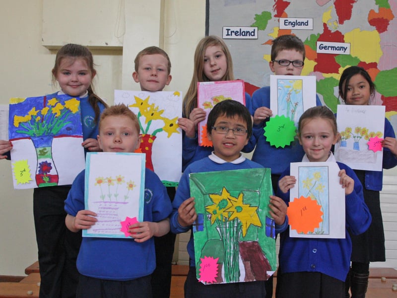 PRIZEWINNERS. . . .Prizewinners at the Termoncanice PS Daffodil Painting competition. Front from left, Michael O'Brien, Rafael Louis-Roble and Hollie Gillen. Back from left, Katie McCloskey-Marie, Pearse McCauley, Supannal Shantalla, Oran Campbell and Hannah Petingo. 2803JM91