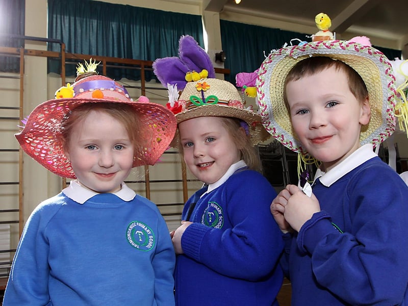 P1 pupils Orla, Ellie, and Luke in their Easter Bonnets at the Termoncanice Primary school Easter parade. INLV1312-082KDR