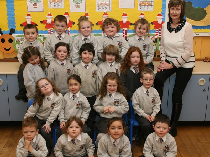 Mrs. Herron with her P1 class at St. Eugene's Primary School, Derry. DER5013JM070