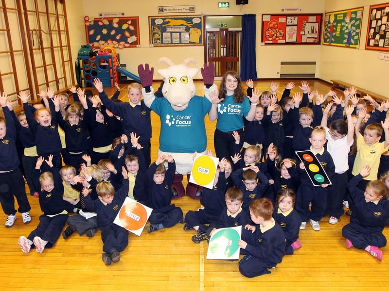 Foundation stage pupils at the Limavady Central Primary School pictured with Genivieve the Cancer focus Goat mascot who accompanied Danniele Logan from the charity for a presentation to the P1 and P2 classes. INLV4113-070KDR
