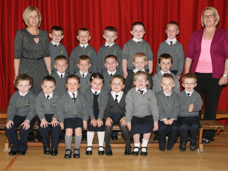 Mrs. Loughran's P1 class at St. Paul's PS, Slievemore. On right is Mrs Brolly, Classroom Assistant. DER3713JM013