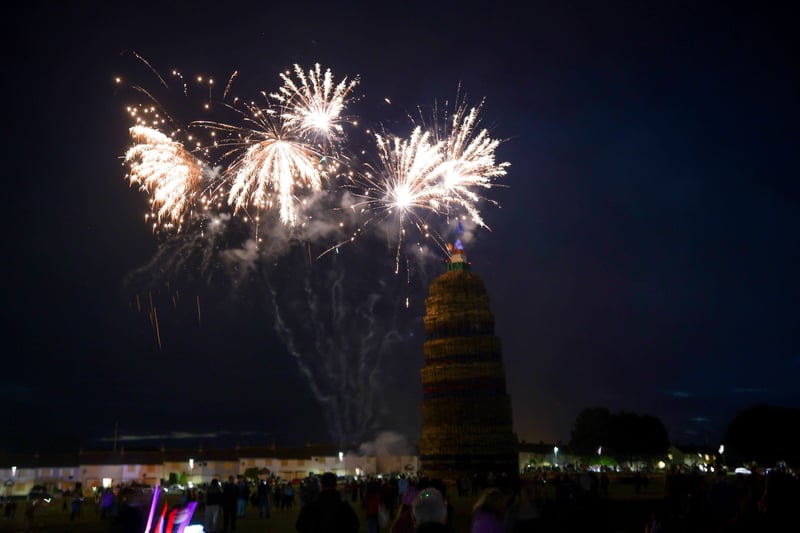 Fireworks light up the Craigyhill bonfire in Larne. Picture: Philip Magowan / PressEye