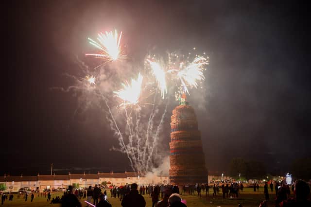 The spectacular scene as fireworks light up the Craigyhill bonfire in Larne on July 11. Picture: Philip Magowan / PressEye