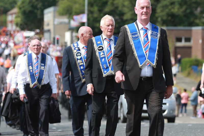 Brethren of LOL 249 on parade during the Twelfth demonstration in the Co Antrim town.
 Picture: Stephen Davison / Pacemaker.