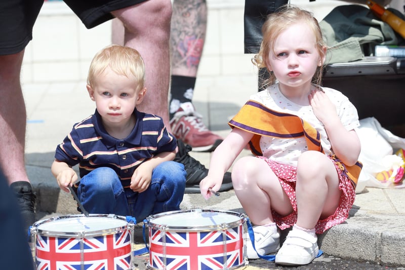 Beating their drums during the Twelfth demonstration in Larne.
 Picture: Stephen Davison / Pacemaker