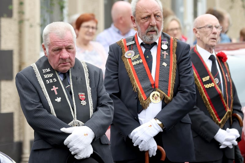 Members of Scarva's Royal Black Institution preceptory, Sir Knight Alfred Buller Memorial RBP 1000, pictured at the wreath laying ceremony at the war memorial in the Co. Down village on Tuesday.