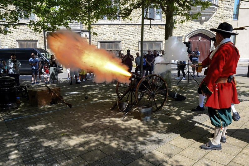 A replica Siege Cannon, from the 17th century firing from under the shade of trees during the mini - heatwave on Saturday afternoon last. The demonstration was part of the ‘Guns of the Siege’ event, organised by the Siege Museum in Society Street. Photo: George Sweeney. DER2128GS – 051