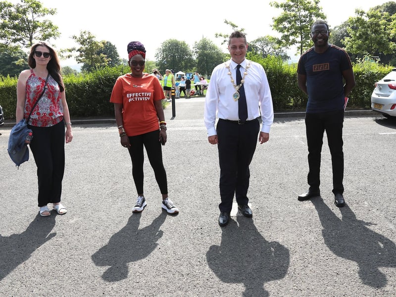 Mayor Graham Warke with Lilian Seenoi-Barr, director, NWMF, on his arrival at the NW Migrants Forum Family Day in Brooke Park. Included on left is Marija Stuke, chairperson NWMF and on right, Nico Mbuyongha. (Photo - Tom Heaney, nwpresspics)