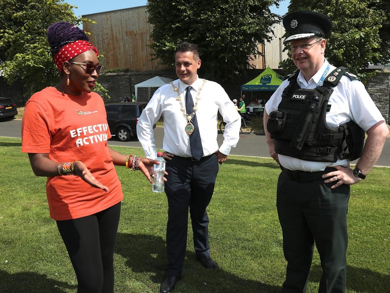 PSNI Chief Constable Simon Byrne chatting to Mayor Graham Warke and Lilian Seenoi-Barr, director, NWMF, on his arrival at the NW Migrants Forum Family Fun Day in Brooke Park. (Photo - Tom Heaney, nwpresspics)