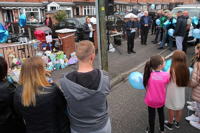 People gather to remember little eight week old baby Liam O'Keefe who died following an incident in Crompton Park earlier this week.