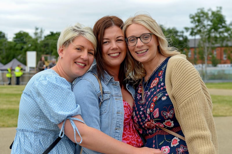 Claire, Michelle and Catherine from Park Co. Derry were among the attendance in Ebrington Square, on Sunday evening last, for the Boyzlife concert. Photos: George Sweeney / Derry Journal.  DER2131GS – 034