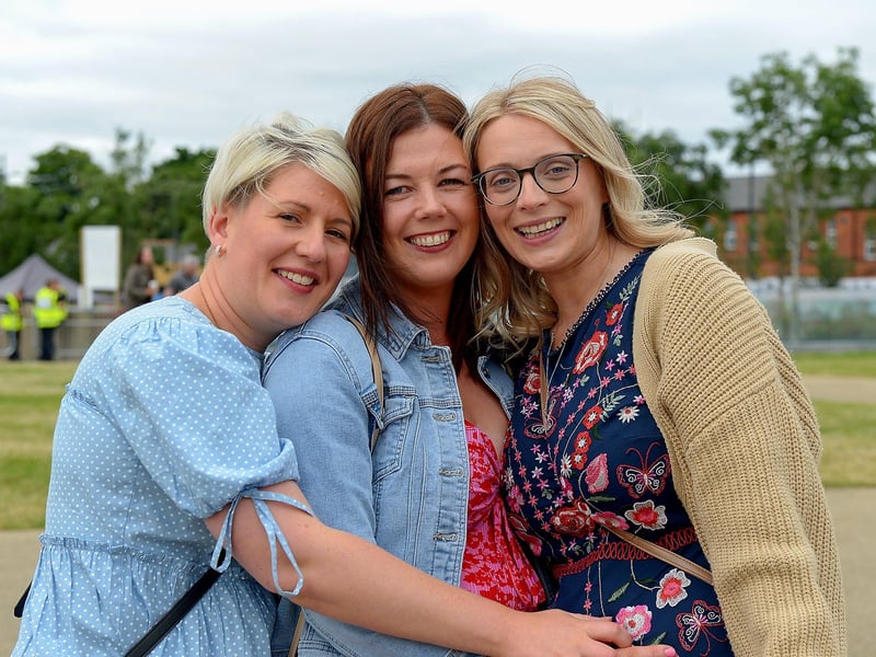 Claire, Michelle and Catherine from Park Co. Derry were among the attendance in Ebrington Square, on Sunday evening last, for the Boyzlife concert. Photos: George Sweeney / Derry Journal.  DER2131GS – 034