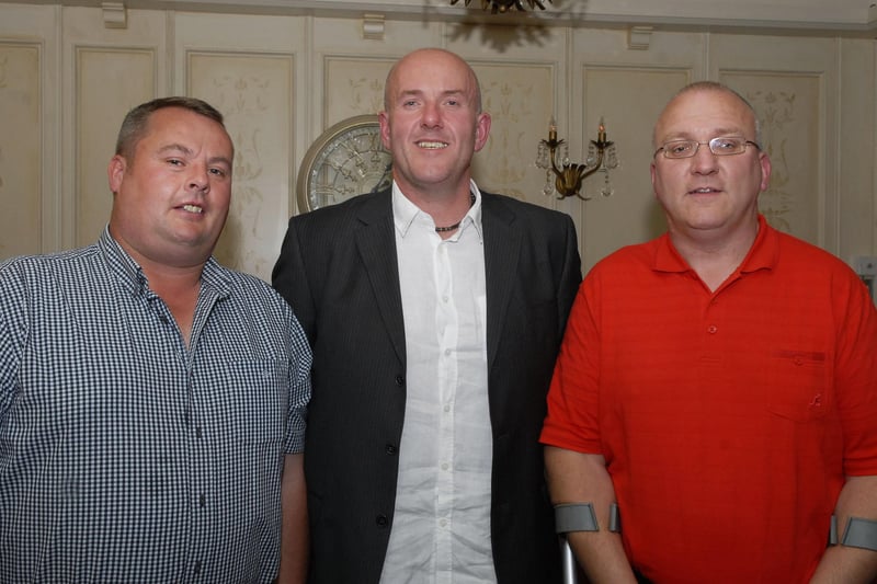 Kenneth Magee, Ashley Robinson and David Arthur pictured at the Faughan Valley High School 30 year reunion in the Belfray Country Inn on Friday night. LS24-141KM10