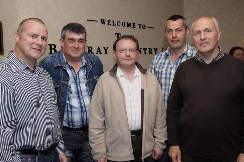 Pictured at the 30th anniversary reunion of former classmates from Faughan Valley High School in The Belfray Country Inn on Friday night were, from left, Craig McCorkell, John Miller, Ronnie Warke, Raymond Magee and William Rutherford. LS26-151KM