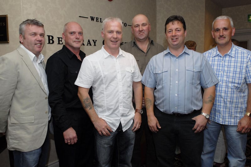 Ryan Culbert, Brian Hamilton, Robert Curry, Kenny Dunn, Alistair Gault and Richard Elder pictured at the 30th anniversary reunion of former classmates from Faughan Valley High School in The Belfray Country Inn on Friday. LS26-149KM