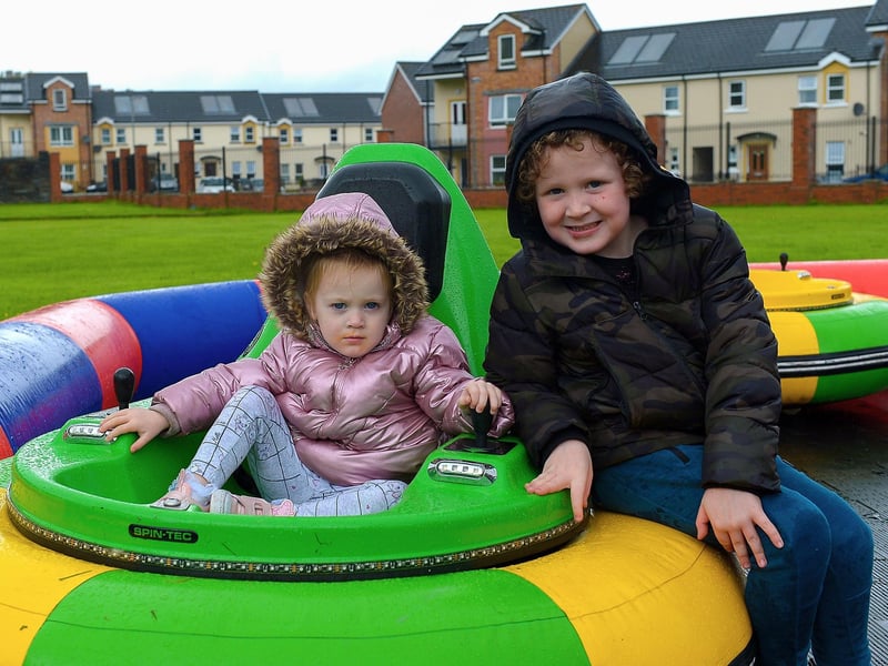 Isla McIvor, aged two, with her brother Finn (5) at the Family Funday held in the Gasyard Centre on Sunday afternoon last. DER2132GS – 002