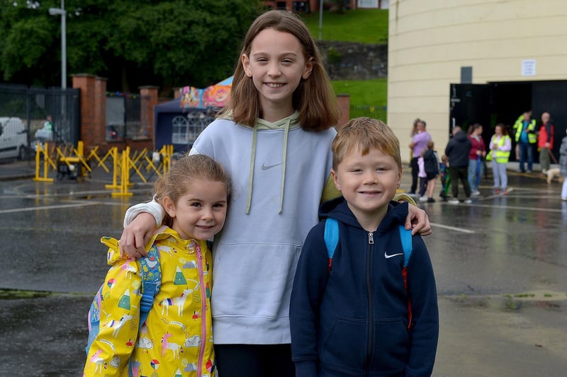 Friends Layla Brown, Cora Gray and Brody Stewart pictured at the Family Funday held in the Gasyard Centre on Sunday afternoon last. DER2132GS – 006