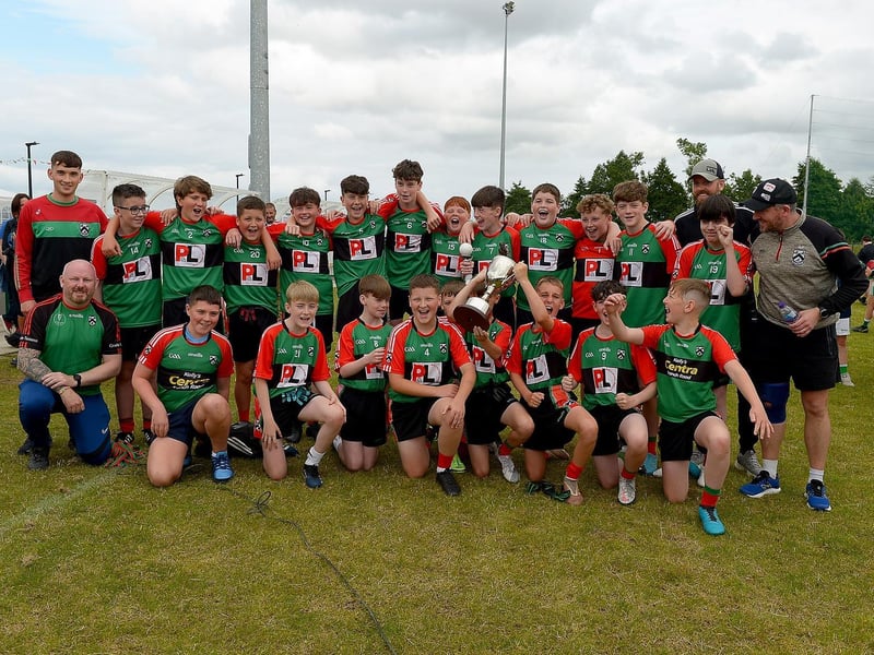 Doire Trasna celebrate their John McChrystal Cup Final defeat of Buncrana on Saturday afternoon last. Photo: George Sweeney. DER2121GS – 103