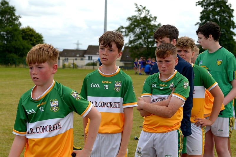 Disconsolate Buncrana players after losing to Doire Trasna in the John McChrystal Cup Final on Saturday last. Photo: George Sweeney. DER2121GS – 121