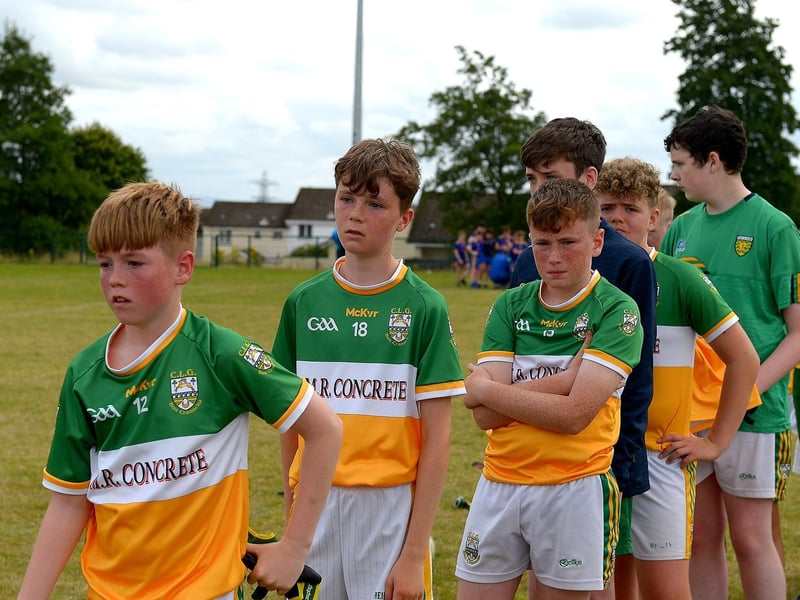 Disconsolate Buncrana players after losing to Doire Trasna in the John McChrystal Cup Final on Saturday last. Photo: George Sweeney. DER2121GS – 121