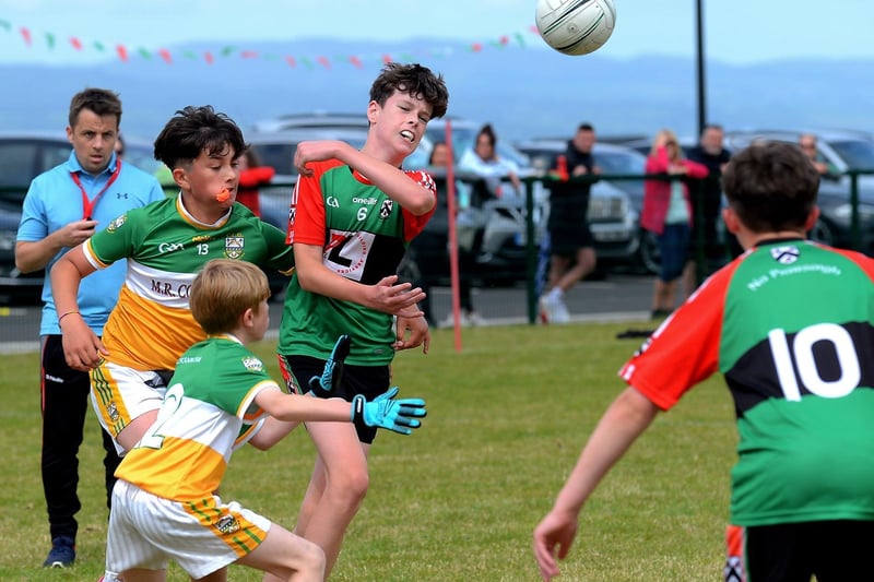 Doire Trasna's Matthew James in action against Buncrana in the John McChrystal Cup Final on Saturday. Photo: George Sweeney. DER2121GS – 117