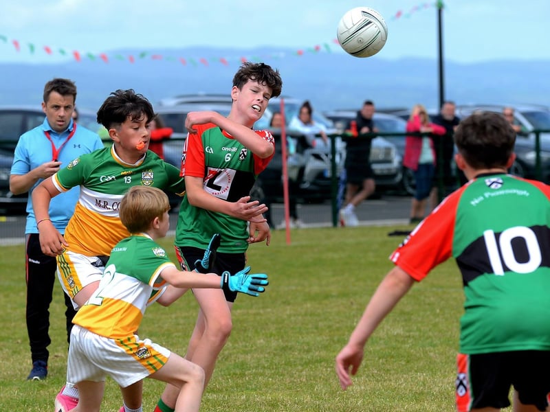 Doire Trasna's Matthew James in action against Buncrana in the John McChrystal Cup Final on Saturday. Photo: George Sweeney. DER2121GS – 117