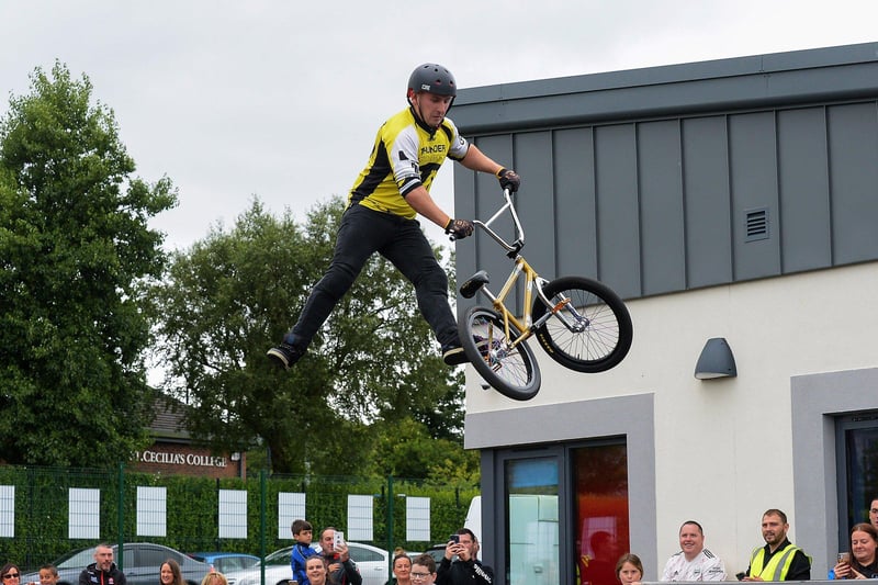 BMX freestyle stunt performer Joel Harper displays his skills at the Thunder Action Sports event held at St Mary’s Youth Club on Sunday afternoon last. DER2133GS – 004