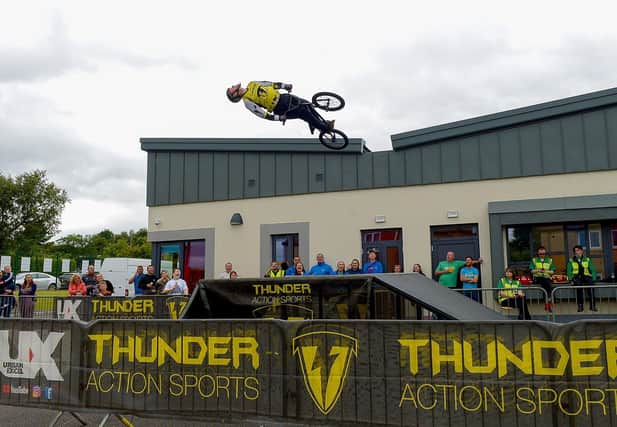 Dare devil BMX freestyle stunts at the Thunder Action Sports event held at St Mary’s Youth Club on Sunday afternoon last. Photos: George Sweeney.  DER2133GS – 003