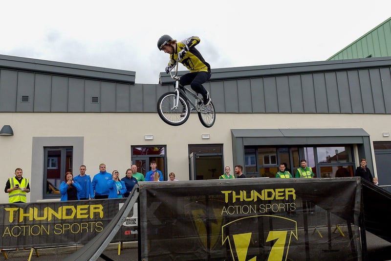 Eye-catching BMX freestyle stunts from Ryan Henderson at the Thunder Action Sports event held at St Mary’s Youth Club on Sunday afternoon last. DER2133GS – 005