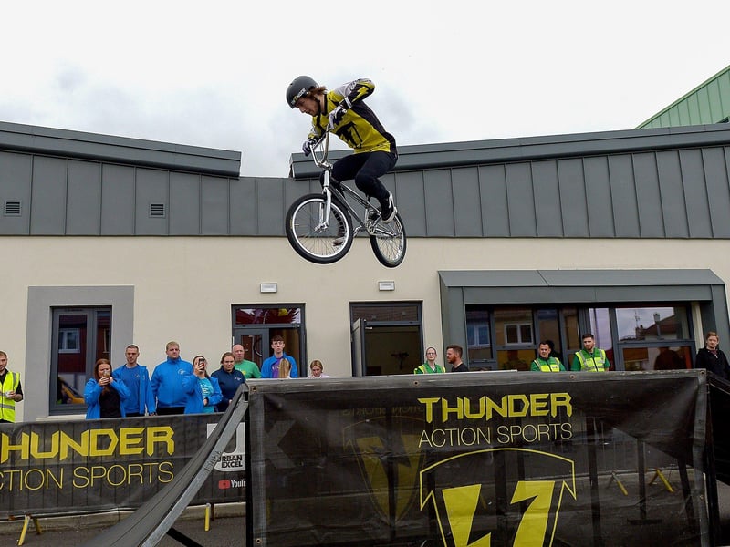 Eye-catching BMX freestyle stunts from Ryan Henderson at the Thunder Action Sports event held at St Mary’s Youth Club on Sunday afternoon last. DER2133GS – 005