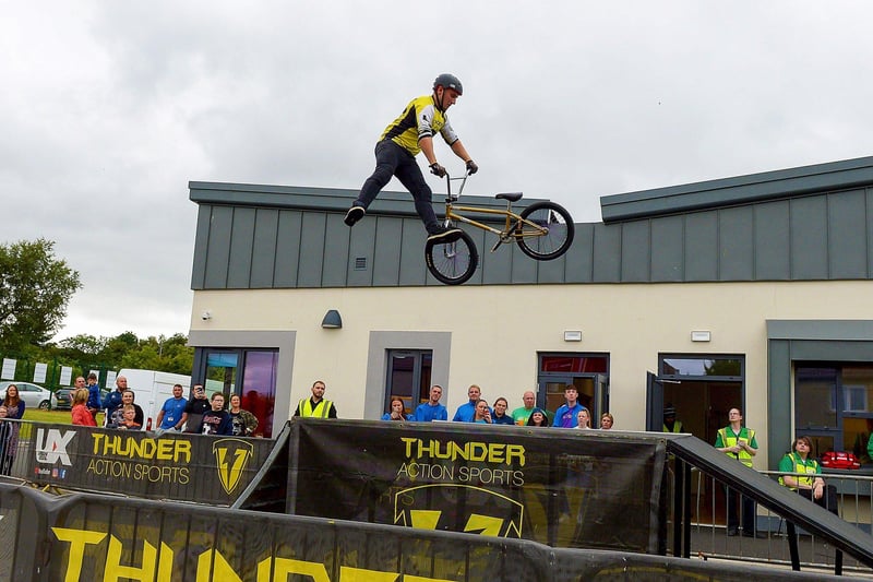 Breath-taking BMX freestyle stunts by Joel Harper at the Thunder Action Sports event held at St Maryâ€TMs Youth Club on Sunday afternoon last. Photos: George Sweeney. DER2133GS â€“ 001
