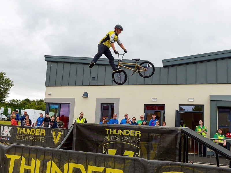 Breath-taking BMX freestyle stunts by Joel Harper at the Thunder Action Sports event held at St Maryâ€TMs Youth Club on Sunday afternoon last. Photos: George Sweeney. DER2133GS â€“ 001