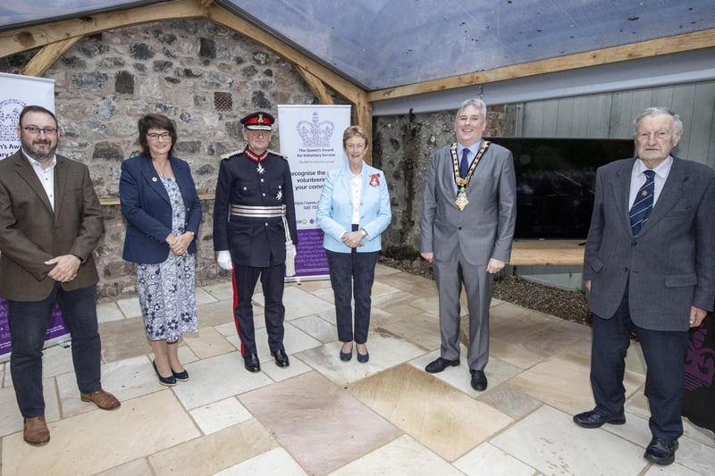 Pictured at a special event to mark the presentation of the Queen's Award for Voluntary Service (QAVS) to North Antrim Agricultural Association are Robert Calvin, Sandra Adair MBE (NI Representative on the QAVS Assessment Committee), Lord Lieutenant for County Antrim Mr David McCorkell, Councillor Joan Baird OBE, the Mayor of Causeway Coast and Glens Borough Council Councillor Richard Holmes and Joe Patton CBE, past president of North Antrim Agricultural Association and nominator.PICTURE STEVEN MCAULEY/MCAULEY MULTIMEDIA