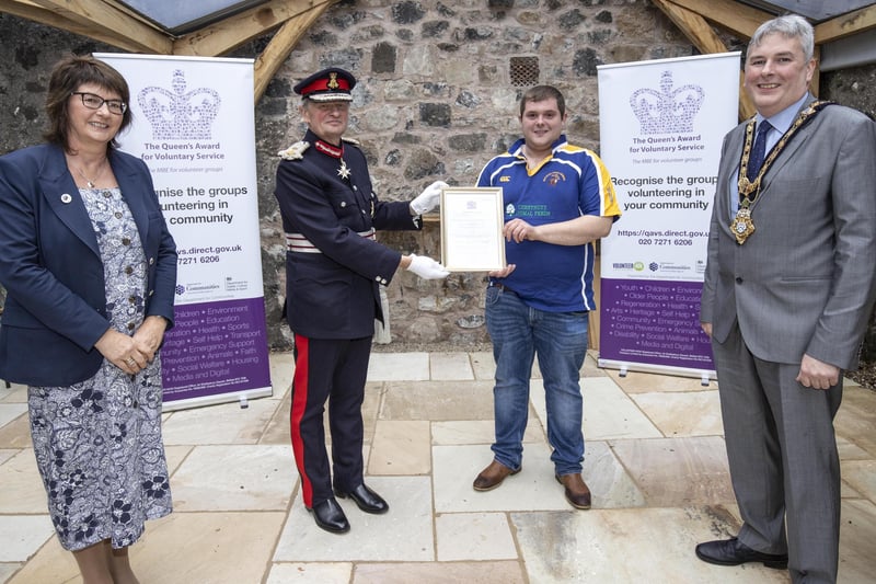 Pictured at a special event to mark the presentation of the Queen's Award for Voluntary Service (QAVS) to North Antrim Agricultural Association are Sandra Adair MBE (NI Representative on the QAVS Assessment Committee), Lord Lieutenant for County Antrim Mr David McCorkell, Matthew McLean (Moycraig YFC Leader) and the Mayor of Causeway Coast and Glens Borough Council Councillor Richard Holmes.PICTURE STEVEN MCAULEY/MCAULEY MULTIMEDIA