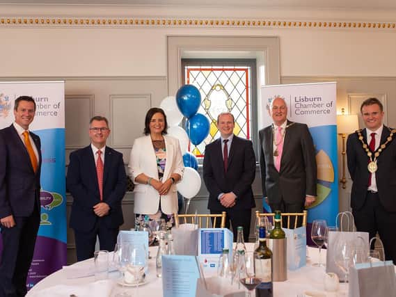Top table at the President’s lunch was (L-R), David Burns Chief Executive LCCC, Sir Jeffrey Donaldson MP,
Denise Watson, Minister, Gordon Lyons MLA, Garry MacDonald Chamber President and the Mayor,
Alderman Stephen Martin