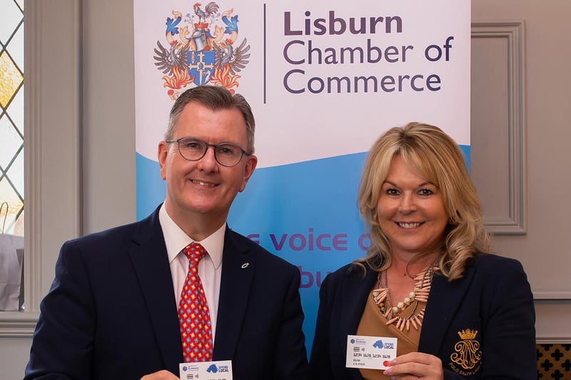 Sir Jeffrey Donaldson and Sandra Corkin pictured at the Chamber President’s lunch with the new High Street shopping card.