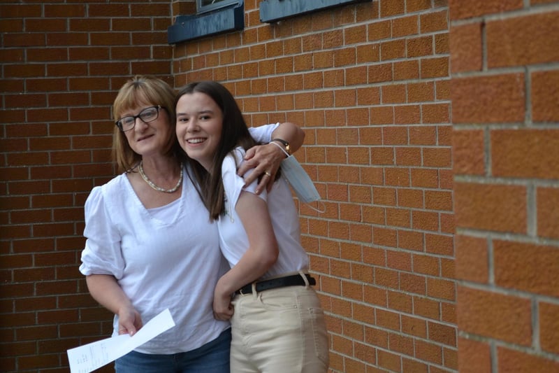 Laurelhill student Leah Gamble celebrates A-Level results with a hug from mum - A star in Business Studies, an A in Health and Social Care and a Distinction star in Travel and Tourism