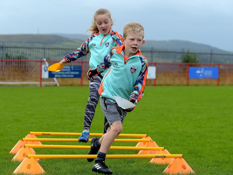Children take part in skills sets at the Cúl Camp held recently at Sean Dolans GAC.  Photos: George Sweeney.  DER2121GS – 073