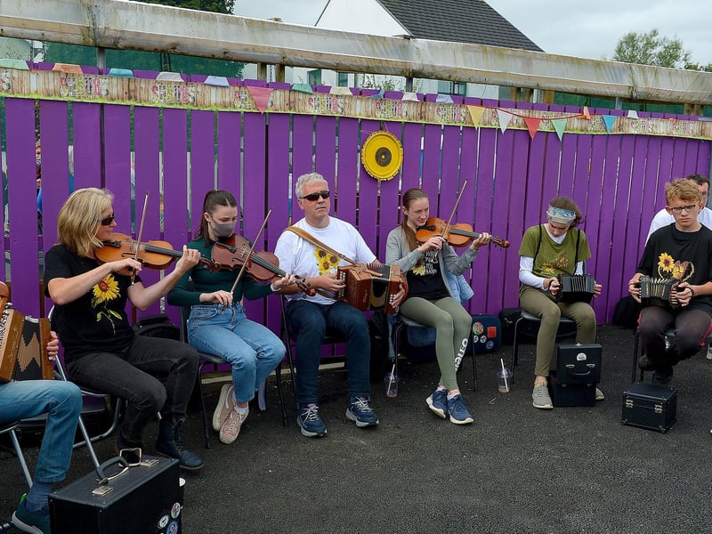 Traditional musicians play at the Family HOPE Day held at the Mullan HOPE Centre in Moville, on Sunday afternoon, marking the first anniversary of the passing of John, Tomás and Amelia Mullan. DER2134GS – 003