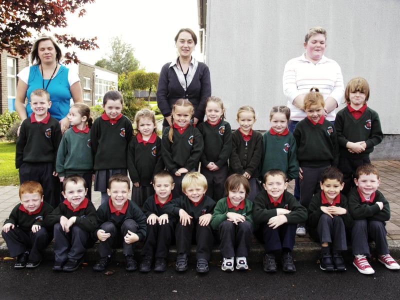 Greenhaw Primary one pupils pictured with their teacher Mrs Roberta Wilson and classroom assistants Judith Foster and Megan Strawbridge.0310PGILL26