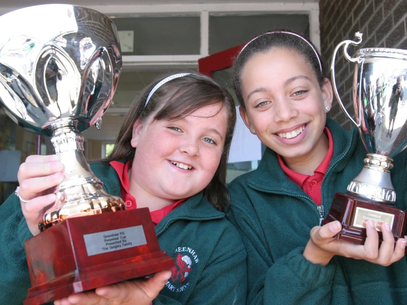 Greenhaw Primary School pupils who collected awards at the school's annual prize-giving. Rebecca Gallagher (left), collected the Netball trophy and Jowena Halford, received The Endeavour cup. (2806T02).